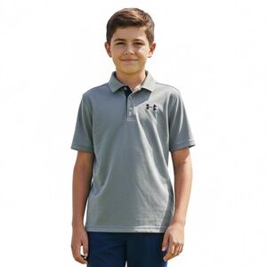 Under Armour Polo Short Sleeve Sporty Shirt Gray Youth Boy Large Loose Heatgear